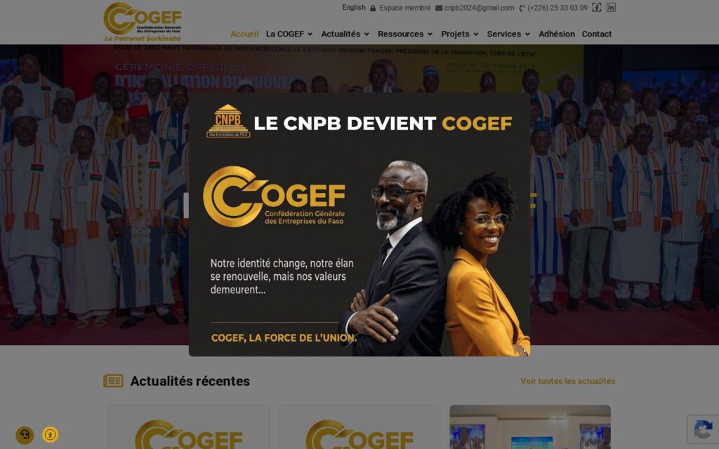 Capture d’écran du site COGEF — Confédération Générale des Entreprises du Faso
