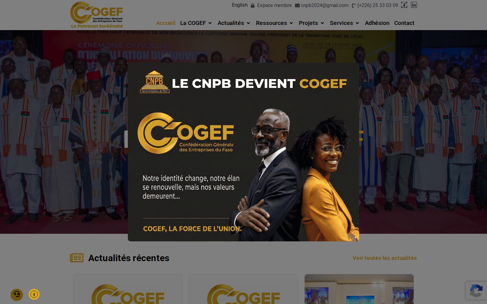 Capture d’écran du site COGEF — Confédération Générale des Entreprises du Faso